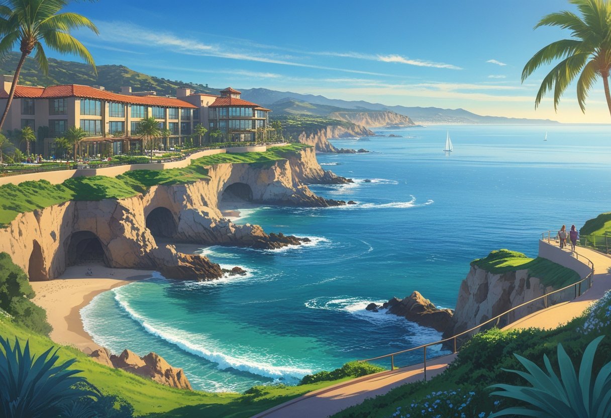 A coastal resort on cliffs overlooking the ocean with buildings, palm trees, and a pathway along the shore.